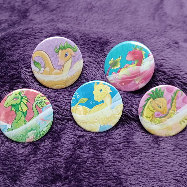 Juice Drink Dragons set 1 - Medium (1.45in) Button Pins - set of 5 Juice Drink Dragons set 1 - Medium (1.45in) Button Pins - set of 5